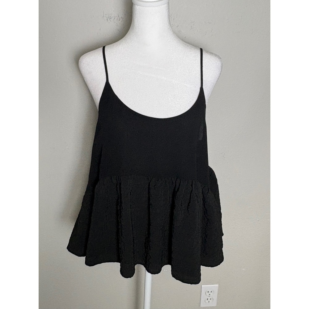 Ro & De Womens Black Peplum Camisole Top Spaghetti Strap Crinkle Hem Size M